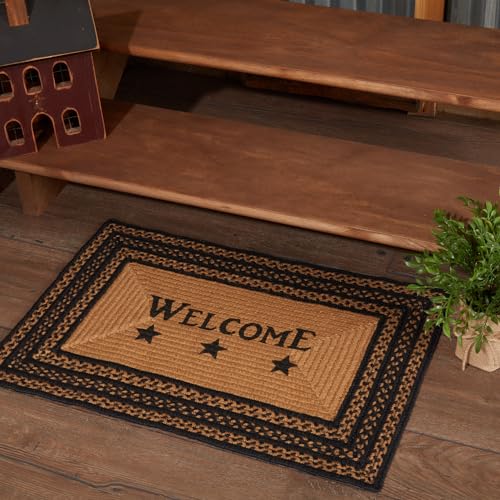 VHC Brands Farmhouse Jute Rectangular Stencil Stars Rug with Welcome Stencil 20x30 Country Braided Flooring, Country Black and Tan - size: 20" x 30" (Rectangular) Welcome
