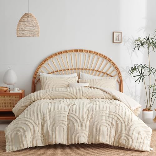 Boho Tufted Comforter Queen Size Beige Geometric Tufted Comforter Set Bohemian Arch Tufted Bed Set 3 Pieces Shabby Chic Embroidery Soft Jacquard Bedding for All Seasons with 2 Pillowshams - color: Geometry, size: Queen (90"x90")