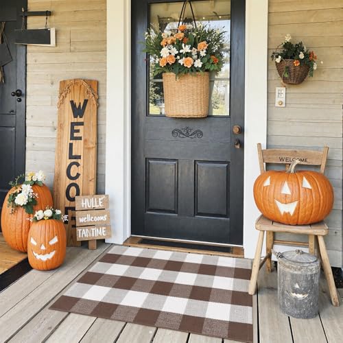 KIMODE Fall Decor Door Mat Buffalo Plaid Outdoor Mat 24"x35" Farmhouse Brown Checkered Rug Fall Thanksgiving Front Porch Rug Decor Washable Layered Door Mats Outdoor Autumn Mats - color: Coffee/White, size: 2' x 3' (Rectangular)