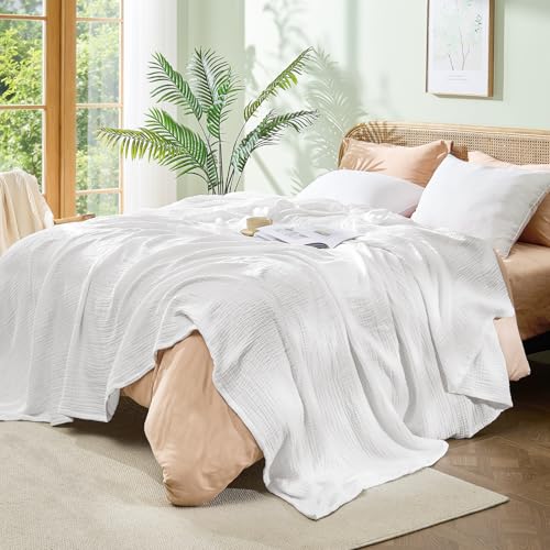 BEDELITE 100% Cotton Muslin Blankets for Adults - 4-Layer King Size Breathable and Lightweight Gauze Blanket for Couch, Bed, Travel and Summer, Soft & Cozy Gift for Women, White, 108"x90" - color: White, size: King(108"x90")