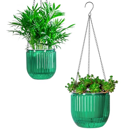 Josteve 5.2/8.2 Inch 2 Pcs Self Watering Hanging Planter Indoor Plant Pots Drainage Holes, Outdoor Small Hanging Planters Flower Pot Basket, Visible Water Level, Plant Hanger Home Decor, Gardening - color: Emerald, size: 2*5.2/8.2 inch