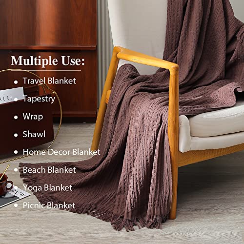 Simple&Opulence 100% Cotton Throw Blanket for Couch, Bed, Waffle Weave Cable Knit Blanket with Tassels, Soft Lightweight Pre-Washed Breathable Cozy Blanket Farmhouse Decoration for All-Season (Brown) - color: Brown