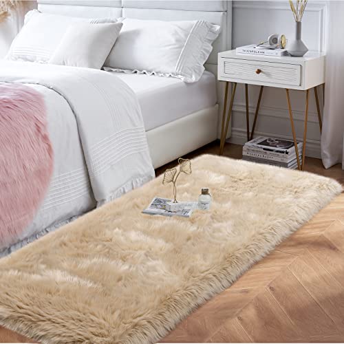 Beige Fluffy Rug for Bedroom, 2'X6' Faux Fur Rug for Runner, Soft Shag Rug for Sofa Couch Cushion, Cozy Shaggy Fuzzy Plush Floor Carpet for Nursery, Cute Bedside Dorm Home Decor Rectangle - color: Beige, size: 6' x 2' (Rectangular)