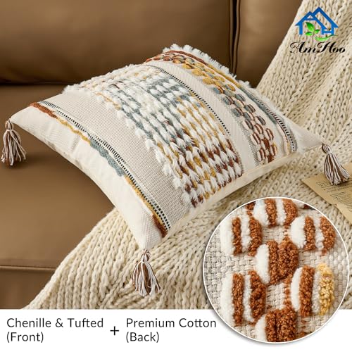 AmHoo Chenille Striped Tufted Textured Boho Throw Pillow Covers Aesthetic with Tassels Woven Decorative Pillow Case for Couch Bed Sofa Bedroom Modern Funky 18 x 18-Inch Brown White - color: Brown White, size: 18" x 18" (Pack of 1)