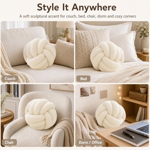 Petrella Ivory White Knot Pillow Ball, Handmade Soft Round Throw Pillow for Chair, Couch and Cozy Room Decor, Small Decorative Pillows, Lambswool Knotted Accent Cushion, 8 Inch - color: White, size: 8inch