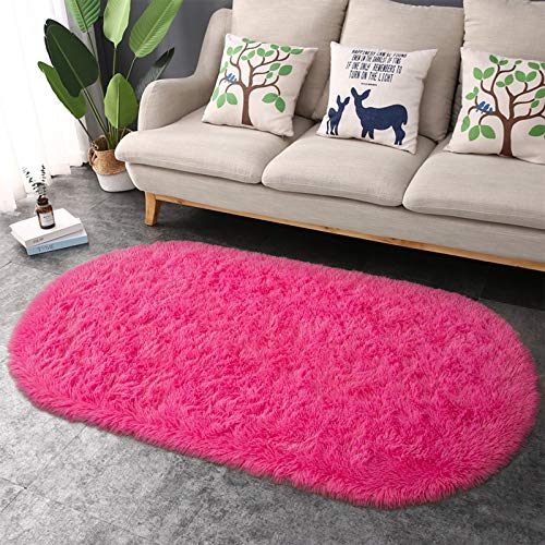 junovo Ultra Soft Washable Shaggy Rug - Non-Slip Oval Carpet for Nursery, Kids Bedroom & Home Decor (2.6x5.3ft Hot-Pink) | Plush Fluffy Floor Mat for Cozy Living Spaces - color: Hot-pink, size: 2.6' x 5.3'