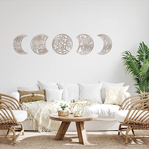 Jetec 5 Pcs Moon Phase Wall Art Decor Wall Pediments Hanging Wooden Phase Spiritual Bedroom Nordic Boho Lunar Aesthetic Art for Living Room Dorm Apartment Ornament(Vintage Color,10.6 Inch,Botanical) - color: Vintage Color, size: 10.6 Inch