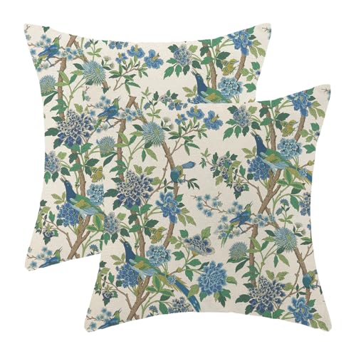 Chinoiserie Pillow Covers 18x18 Set of 2 Blue Green Floral Birds Throw Pillow Covers Decoration Spring Summer Floral Farmhouse Decorative Linen Cushion Cover for Couch Sofa Outdoor Decor - color: Blue Green-flower Birds-2, size: 18" x 18" (Pack of 2)