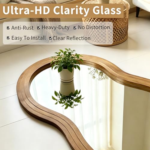 Wavy Full Length Mirror, 67"x31.5" Organic Floor Mirror with Triple-Layer Solid Wood Frame, Large Irregular Aesthetic Mirrors for Entryway Hallway Cloakroom Living Room, Leaning/Hanging - color: Natural Wavy Frame, size: 67"L x 31.5"W