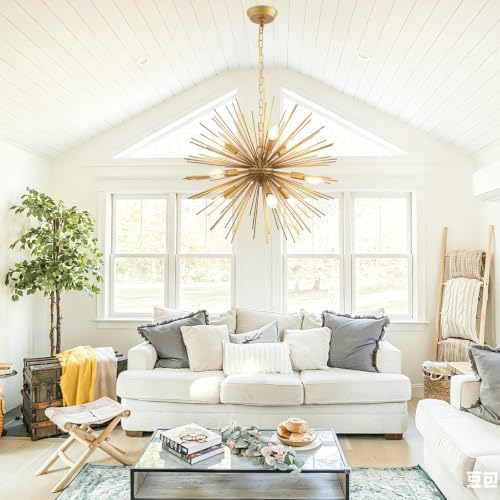 23.8" Modern Sputnik Chandelier 9-Lights Mid-Century Modern Starburst Golden Chandelier Luxury Gold Solid Metal Sputnik Satellite Chandeliers for Dining Room, Kitchen Island, Bedroom, E12 - color: Gold 23.8"