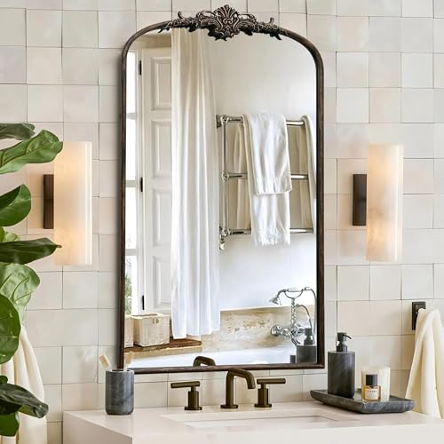 Besdomus Vintage Black Arched Mirror: 24"x42" French Large Arch Antique Wall Mounted Mirror - Traditional Ornate Home Decor for Living Room/Entryway/Fireplace/Bathroom - Ideal for Bathroom Remodeling - color: Black, size: 42"L x 24"W