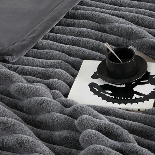 Amélie Home Faux Fur Throw Blanket for Couch, Ultra Cozy Fuzzy Fluffy Fur Luxurious Soft Striped Plush Gift Blankets for Family Sofa Chair Bedroom, 60"x80", Cationic Wolf Gray - color: Cationic Wolf Gray, size: Twin(60"x80")