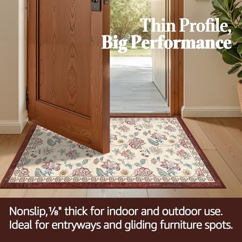 jinchan Elora 2x3 Floral Rug for Entryway Washable Kitchen Rug Vintage Romance Design Small Mat Non Slip Indoor Doormat Lightweight Low-Profile Throw Carpet for Entrance Laundry Room, Red/Beige - color: Bloom Red/Beige, size: 2' x 3' (Light Weight)
