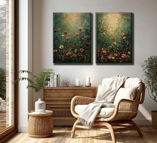 2Psc Vintage Framed Canvas Wall Art Dried Flowers Painting Picture Wall Decor Retro Moody Floral Botanical Poster Print Artwork for Bathroom Bedroom Living Room Gallery Home Decoration - color: Retro dark floral, size: 24"L x 16"W