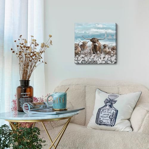 Canvas Wall Art Bathroom Coastal Boho Farmhouse Highland Cow Flower Picture Floral Artwork Rustic Country Landscape Longhorn Animal Painting for Living Room Bedroom Kitchen Décor Blue Brown Small - color: Highland Cow Wall Art, size: 13.5"L x 13.5"W