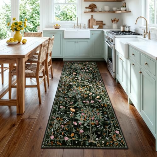 Morebes Floral Washable Rug Runners for Hallways Non Slip, Flower Kitchen Runner Rug 2x6, Boho Botanical Ultra-Thin Soft Floor Carpet for Bathroom Entryway Laundry Room, Black - color: Black, size: 2' x 6' (Rectangular)