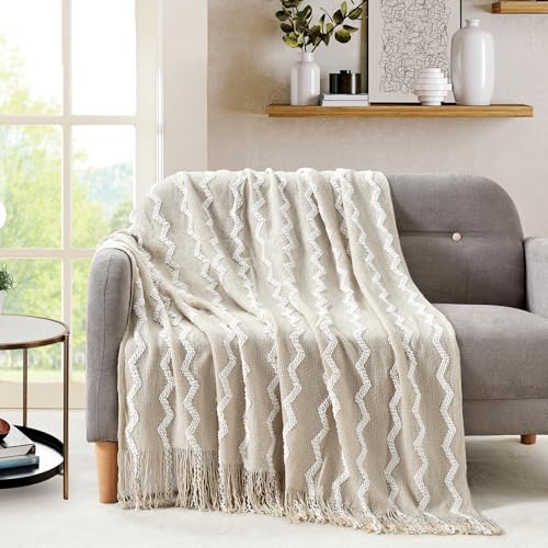 BOURINA Fluffy Chenille Knitted Fringe Throw Blanket Lightweight Soft Cozy for Bed Sofa Chair Throw Blankets, Beige 50" x 60" - color: A-beige, size: 50"×60"