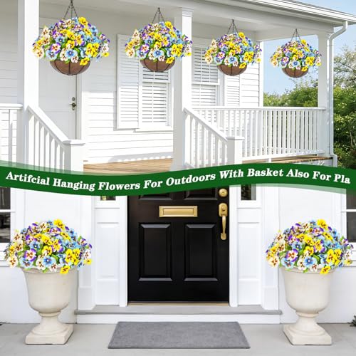 Artificial Hanging Flowers Plants Baskets Outdoor Outside Decoration, Pansies UV Resistant Waterproof Spring Fake Silk Flowers Faux Hanging Planters for Porch Patio Balcony Yard Home Decor - color: 1 Set – Pansies Tri-color (Purple/Yellow/White)
