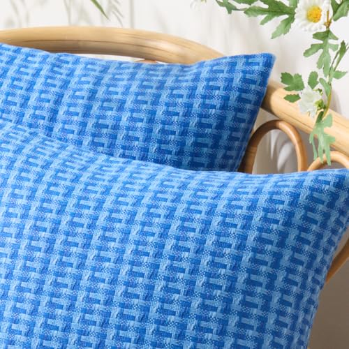 UGASA Outdoor Waterproof Pillow Covers Pack of 2 Weaving Texture Water Resistant Outside Decorative Pillow Cases for Patio Garden Porch Yard Bench Tent 12x20 Inch, Blue - color: Blue, size: 20" x 12" (Pack of 2)