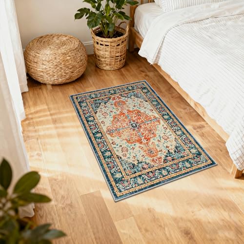 U'Artlines 2x3 Washable Boho Area Rug, Small Non Slip Vintage Doormat for Indoor Front Door Ultra Thin Mat Carpet for Entryway Kitchen Bathroom Bedroom Orange/Multi - color: Orange/Multi, size: 2' x 3' (Runner)