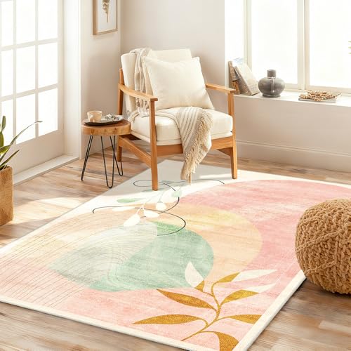 MUJOO 3x5 Washable Rugs,Boho Large Area Rug for Entryway Kitchen Entry Bedroom Bedside Foyer,Small Throw Carpet Indoor Non Slip Mid Century Modern Abstract Botanical Geometric Accent Pink - color: Pink（modern）, size: 3' x 5' (Rectangular)