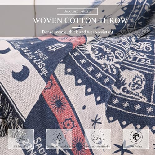 LumiSyne Cotton Woven Throw Blanket With Tassel Double-Sided Jacquard Bohemian Geometric Pattern Vintage Ethnic Style Decorative Throws For Sofa Bed Armchair Camping Blanket Tapestry Tablecloth Carpet - color: Blue White Constellation, size: 90×150cm