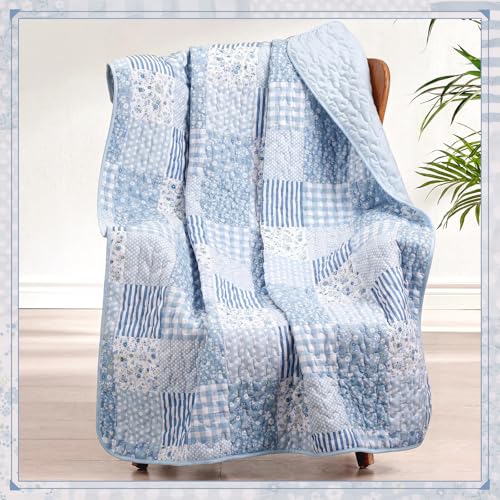 Quilted Throw Blanket 50"x 60" Blue Floral Patchwork Quilt Throw Blanket Reversible Lightweight Shabby Farmhouse Lap Quilt for Couch Sofa Bed Decor