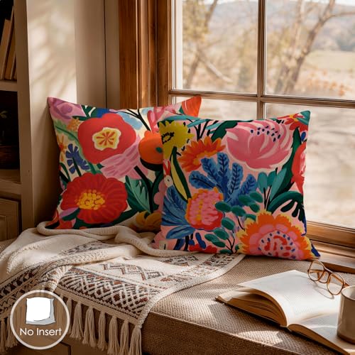 OBSEDE Floral Decorative Throw Pillow Covers 18x18 Set of 4, Double-Sided Print Soft Pillow Cases for Couch Sofa Bed Living Room Decor - color: Warm Botanical Chromatic Art, size: 18" x 18" (Pack of 4)