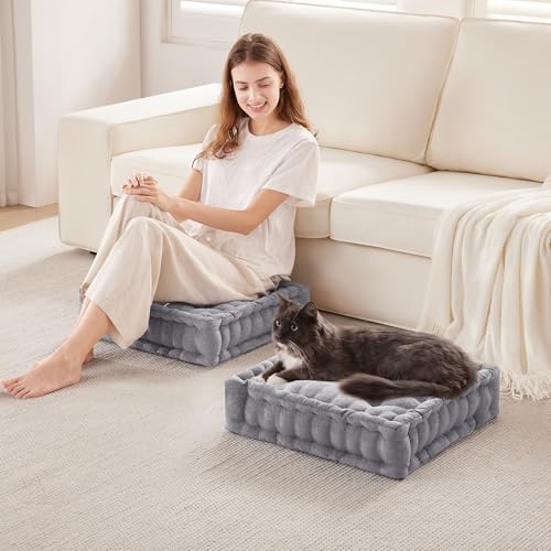 Intelligent Design Floor Pillow - Shredded Foam Filled Meditation & Yoga Cushion, Chenille Tufted, Handsewn Scalloped Edge, OEKO-TEX Certified, Azza, 20" x 20" x 5" Grey - color: Grey