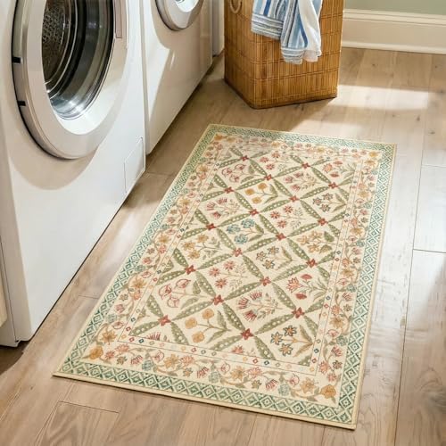 jinchan Haden Entryway Rug 2x3 Vintage Floral Washable Rug for Entrance Soft Non-Slip Low Pile Door Mat for Doorway Kitchen Bathroom Small Carpet Cottage Indoor Decor Teal Blue - color: Teal Blue, size: 2' x 3' (Rectangular)