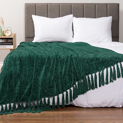 PAVILIA Emerald Green Blanket for Couch, Twin Size Bed, Chenille Throw for Sofa Bed, Soft Knit Woven Blanket with Decorative Tassel for Living Room, Emerald Green 60x80 - color: Emerald Green, size: 60 X 80 Inches - Twin