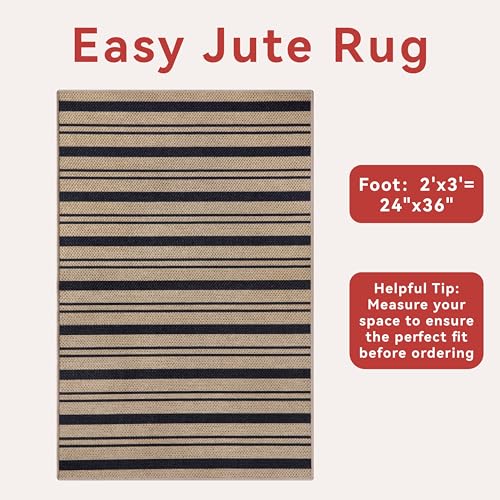 Tangsoo Stripe Easy Jute Rug,Ultra Thin 2x3 Outdoor Rug for Entryway,Non-Slip Washable Small Rug Modern Front Door Mat Throw Carpet for Kitchen Bedroom Porch Doorway - color: Black Stripe-1, size: 2x3ft