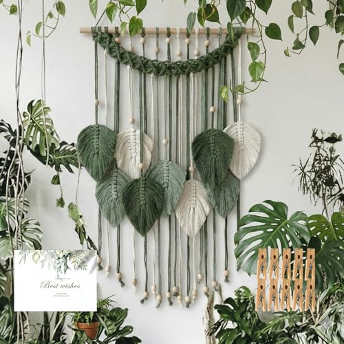 SunsprieJoy Macrame Wall Hanging, Boho Wall Decor Handmade Yarn Woven Leaf Tapestry, Modern Wall Art for Bedroom Nursery Kitchen Dining Room Bathroom, Home Decoration Gift for Women – Green - style: Layered Leaf
