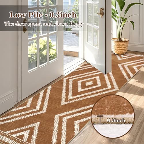 Boho Runner Rugs for Hallway 2.6x8Ft Non Slip, Brown Washable Kitchen Rug with Rubber Backing, Soft Moroccan Farmhouse Entryway Runner, Low Pile Geometric Floor Carpet for Bedroom Home Decor - color: Brown, size: 2'8" x 8' (Rectangular)