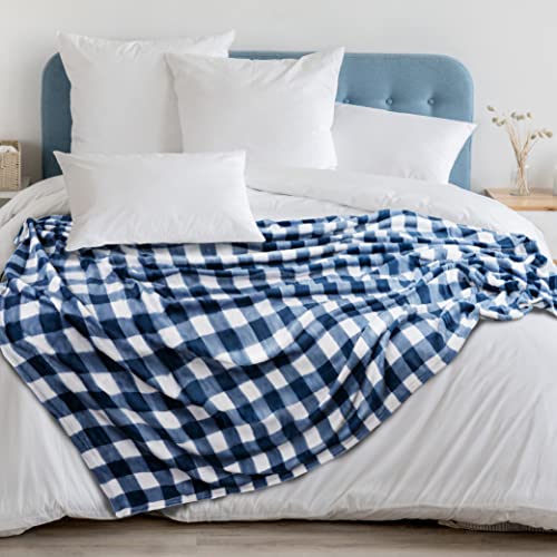 PAVILIA Buffalo Check Fleece Throw Blanket | Blue White Checkered Plaid Flannel Blanket | Soft Velvet Lightweight Microfiber Blanket for Couch Sofa | 50x60 Inches Checker Navy - color: Checker Navy, size: 50 x 60 Inches - Throw
