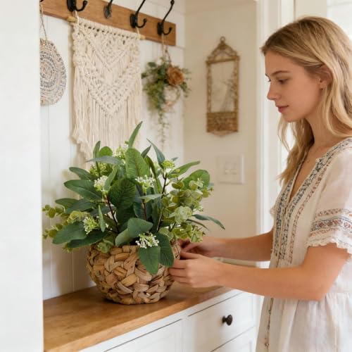 12" Artificial Eucalyptus Potted Plant with White Berry Accents in Handwoven Grass Basket Small Tabletop Faux Plant for Home Office Shelf Decor - color: Eucalyptus