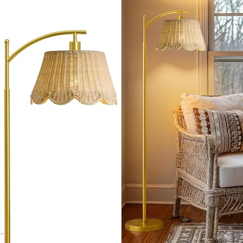 Arc Floor Lamp for Living Room，Rattan Boho Floor Lamp with Hand-Woven Wicker Shade, Foot Switch, Gold/Silvery Metal Base & Pole,Standing Lamp for Bedroom (Gold) - color: Gold&Off White