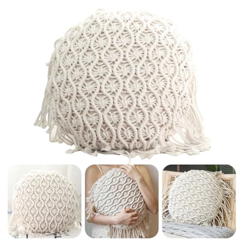 Hand Woven Pillowcase Round Shape Pillow Cover with Tassel Macrame for Bed Couch Car Home Decor Cream, Macrame Pillow Cover