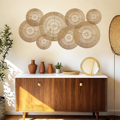YIYA Set of 8 Boho Wall Decoration Jute Wall Decor Baskets Round Hand Woven Wicker Rattan Wall Art for Living Room Farmhouse Bedroom Nursery