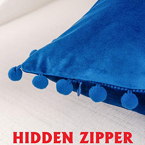 Elegant Comfort POM-POMS Fringe Velvet Cushion Covers Set of 2, Velvet Soft Solid Decorative Square Throw Pillow Covers Set Cushion Case for Couch Bed, Livingroom 18 x 18 Inch (45 x 45 cm), Royal Blue - color: Royal Blue, size: 18" x 18" (Pack of 2)