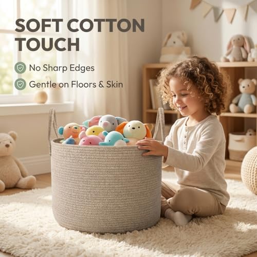 JMvicyroam 65L Extra Large Blanket Basket for Living Room - Woven Cotton Rope Laundry Hamper with Reinforced Handles - Storage Bin for Pillows, Comforters & Toys - Machine Washable,Oatmeal - color: Oatmeal, size: 65L