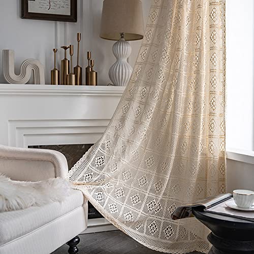 Rustic Crochet Curtains for Living Room Farmhouse Hollow Knitted Lace Curtain Panels for Bedroom Rod Pocket Boho Cotton Window Drapes for Doorway 1 Panel W39 X L71 Inch - size: 39"W x 71"L (Pack of 1)
