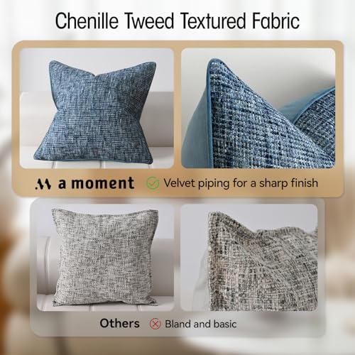 a moment Blue Reversible Pillow Covers 2 Pack - Farmhouse Chenille Throw Pillows, Neutral Textured Decorative Throw Pillow Covers with Border for Couch Sofa Bed (12x20 Inch, No Insert) - color: Blue, size: 20" x 12" (Pack of 2)
