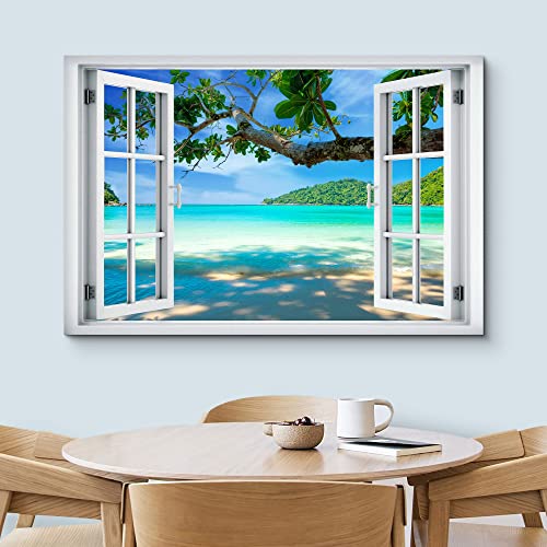 wall26 Canvas Print Wall Art Window View Tropical Island Beach Paradise Vacation Wilderness Nature Photography Realism Scenic Landscape Colorful Multicolor for Living Room, Bedroom, Office - 12"x18" - color: A40-2204-slm08, size: 18"L x 12"W
