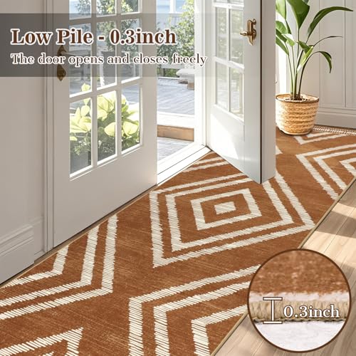 Boho Hallway Runner Rugs 3x10ft Non Slip, Long Brown Washable Kitchen Rug Runners Non Shedding, Geometric Floor Carpet for Bedroom Farmhouse Entryway Living Room Home Decor - color: Brown, size: 3' x 10' (Rectangular)