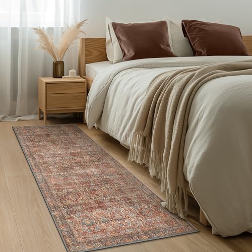 Bavni 2x5 Runners Machine Washable Boho Rug Runners for Hallway,Ultra-Thin Low Pile Rug,Lightweight Carpet,Non Slip Floral Runners for Enrtyway, Corridor, Home Office, Kitchen,Terracotta/Indigo - color: Terracotta/Indigo, size: 2' x 5' (Rectangular)