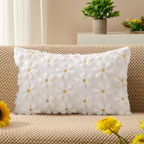 DFXSZ Spring Summer Pillow Covers 12x20 inch Set of 2 Farmhouse Decor Yellow Flower Heart Daisy Soft Plush Faux Fur Jacquard Throw Pillows for Bedroom Sofa Holiday Spring Summer Home Decor PTK024A12 - color: White Daisy, size: 20" x 12" (Pack of 2)