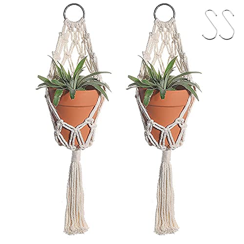 Artilady Boho Macrame Plant Hangers - Handmade Hemp Rope Hanging Baskets for Indoor Plants with Ceiling Hooks, Bohemian Home Decor Outdoor Wall Art (White Hanger-2pcs) - color: White Hanger-2pcs