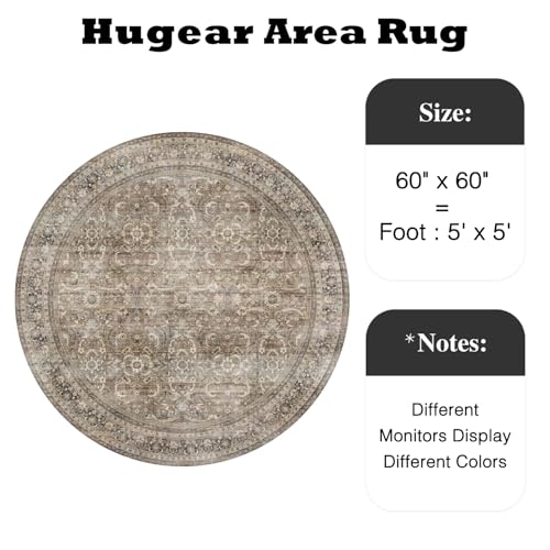 HUGEAR 5ft Round Rug Entryway Rugs Machine Washable Brown Hallway Area Rug 5x5 Small Circle Floral Low Pile Carpet Vacuumable Throw Rug Living Room Laundry Entrance Non Slip Soft Lightweight - color: Retro | Brown, size: 5' (Round)
