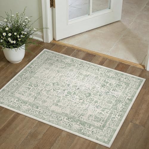 PureCozy Sage Green Area Rug 2x3 Washable Vintage Distressed Entryway Carpet Non Slip Neutral Door Mat Low Pile Retro Floral Farmhouse Accent Throw Small Rug for Bathroom Laundry Kitchen Dining Room - color: Accent Sage Green, size: 2' x 3' (Rectangular)
